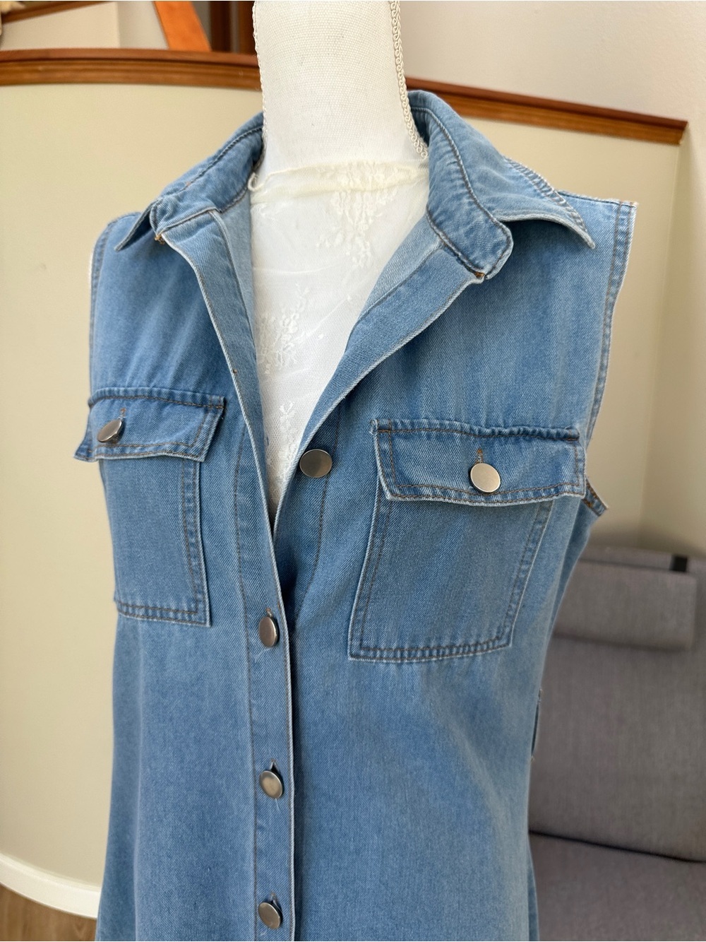 Sleeveless Button-Front A line fit in flare stretchy Denim midi Dress - Picture 5 of 10